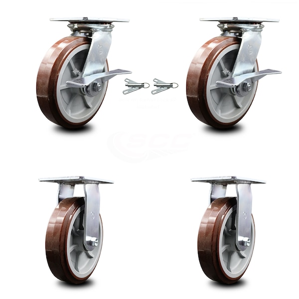 Service Caster 8 Inch Polyurethane Caster Brakes/Swivel Locks and 2 Rigid, 2PK SCC-35S820-PPUR-SLB-BSL-2-R-2 - main